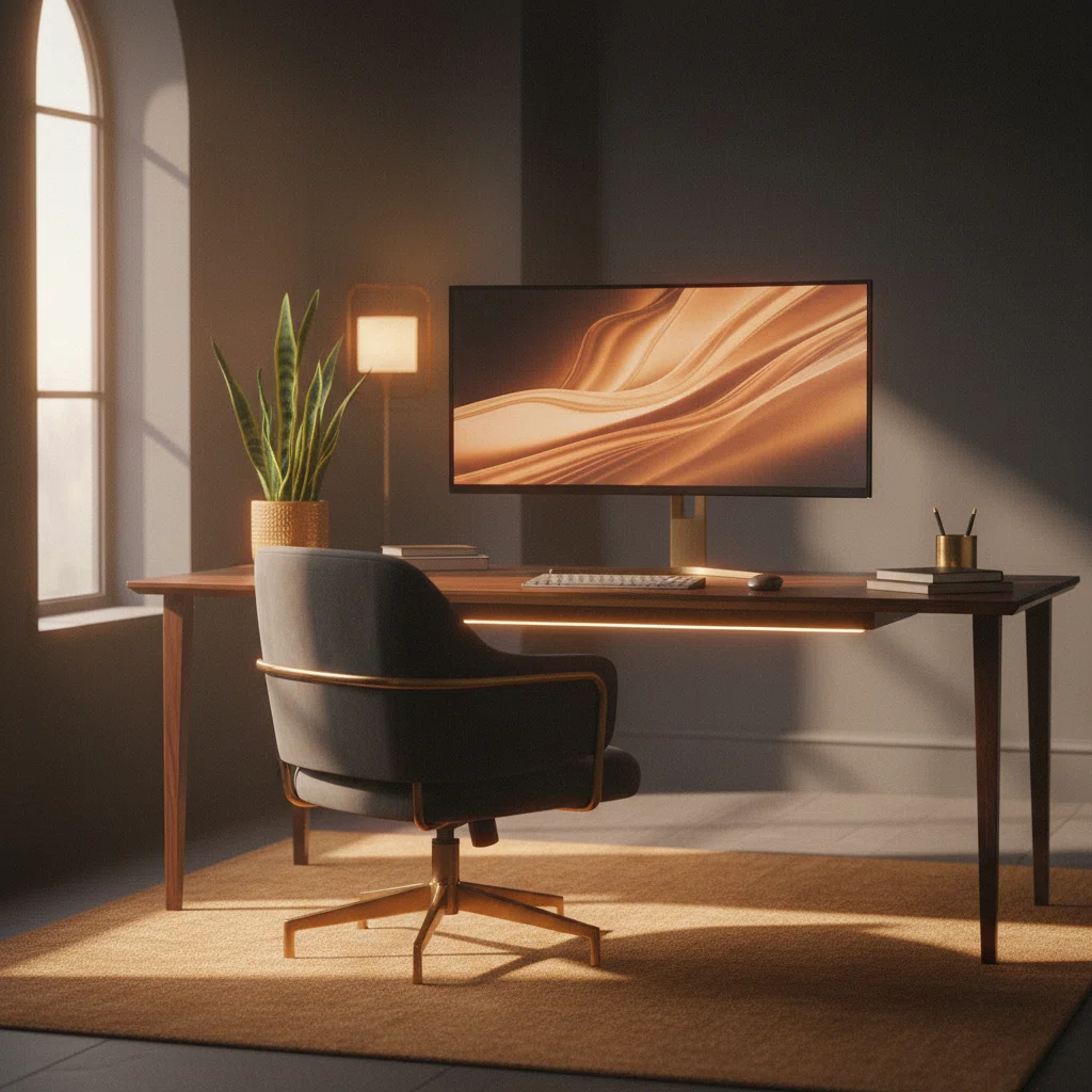 Ergonomisch bureau met verstelbare monitor, plant en notitieboek in een lichte kantoorruimte