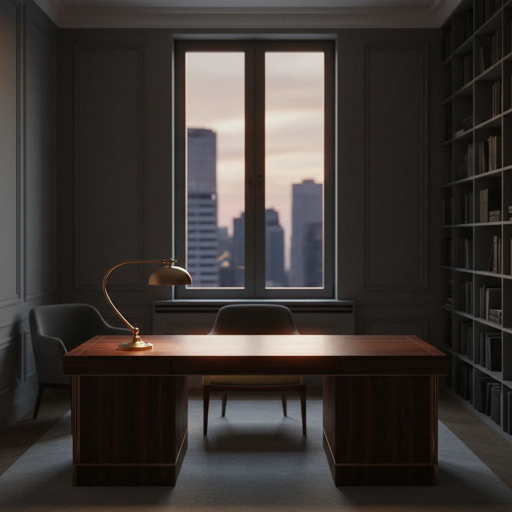 Rustig, modern kantoorinterieur met een ergonomisch bureau en planten