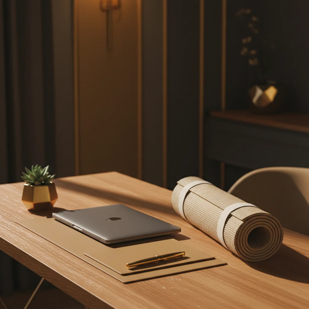Opgerolde yogamat naast een laptop op een heldere houten tafel