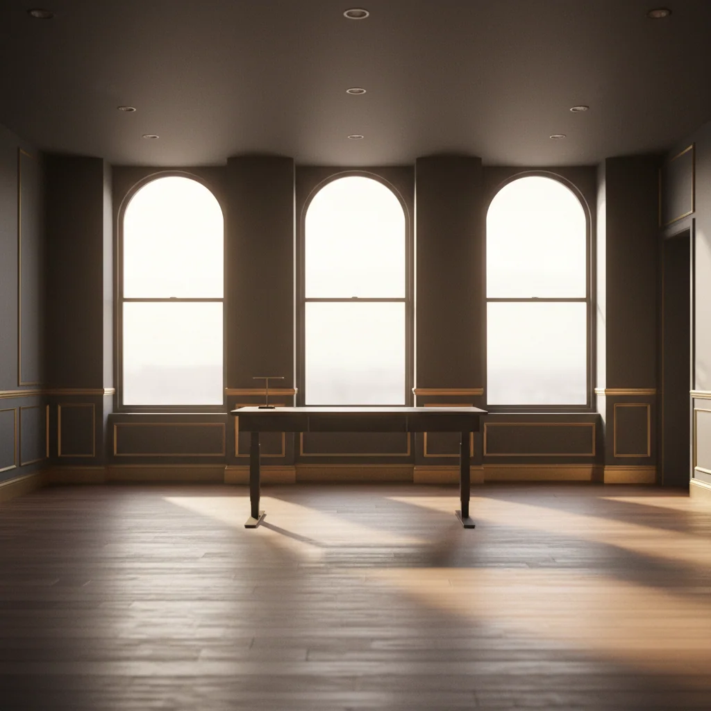 Verlaten kantoorruimte met een ergonomische stoel, bureau en groot raam met daglicht
