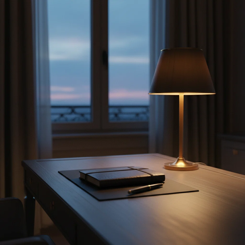 Een opgeruimd bureau met lamp en notitieboek in het avondlicht