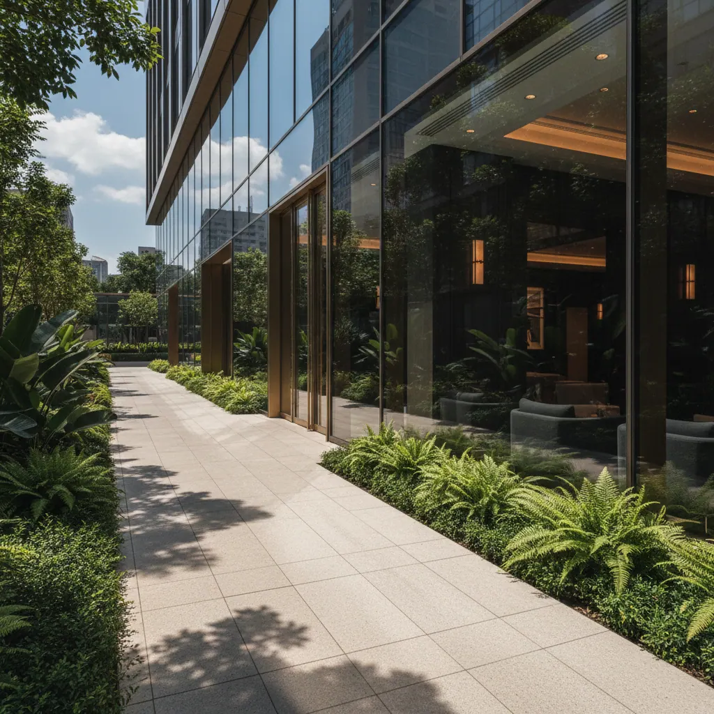 Zonnige buitengang naast een modern kantoorgebouw met lege wandelpad