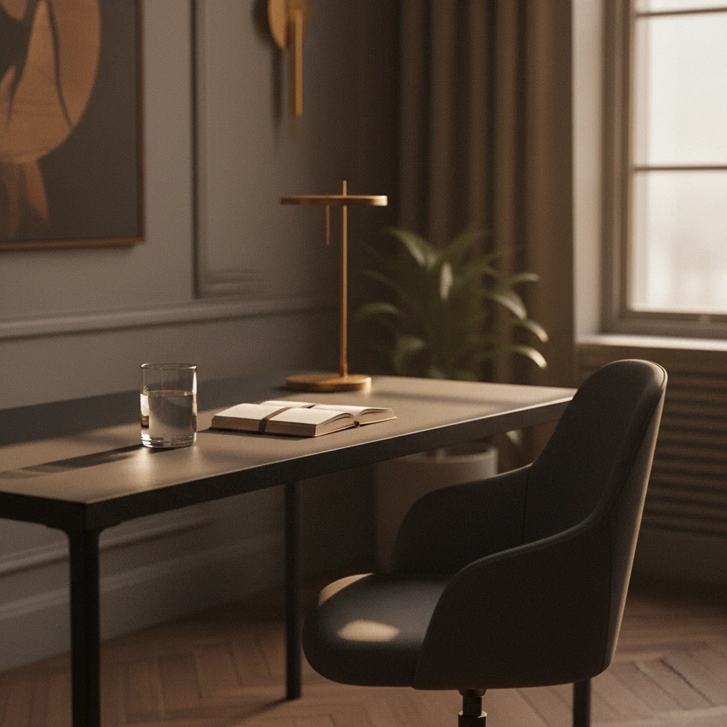 Heldere kantoorruimte in de ochtend met zonlicht op een leeg houten bureau